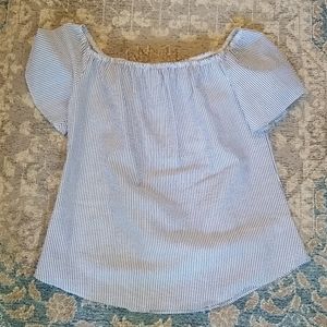 Blue and white striped off-the-shoulder top